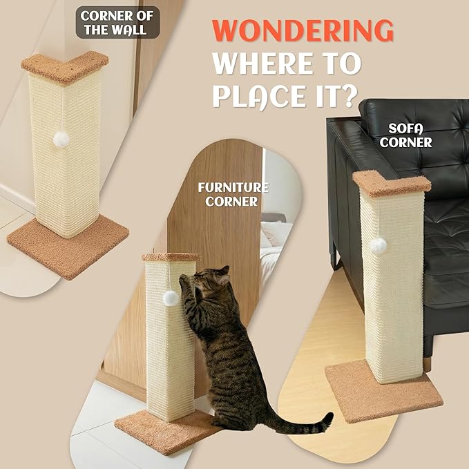 PETKARAY Couch Corner Cat Scratcher, 22.5" Sisal Scratching Post for Indoor Cats, Corner Wall Scratch Pad for Furniture Protection, Plush Base, Medium