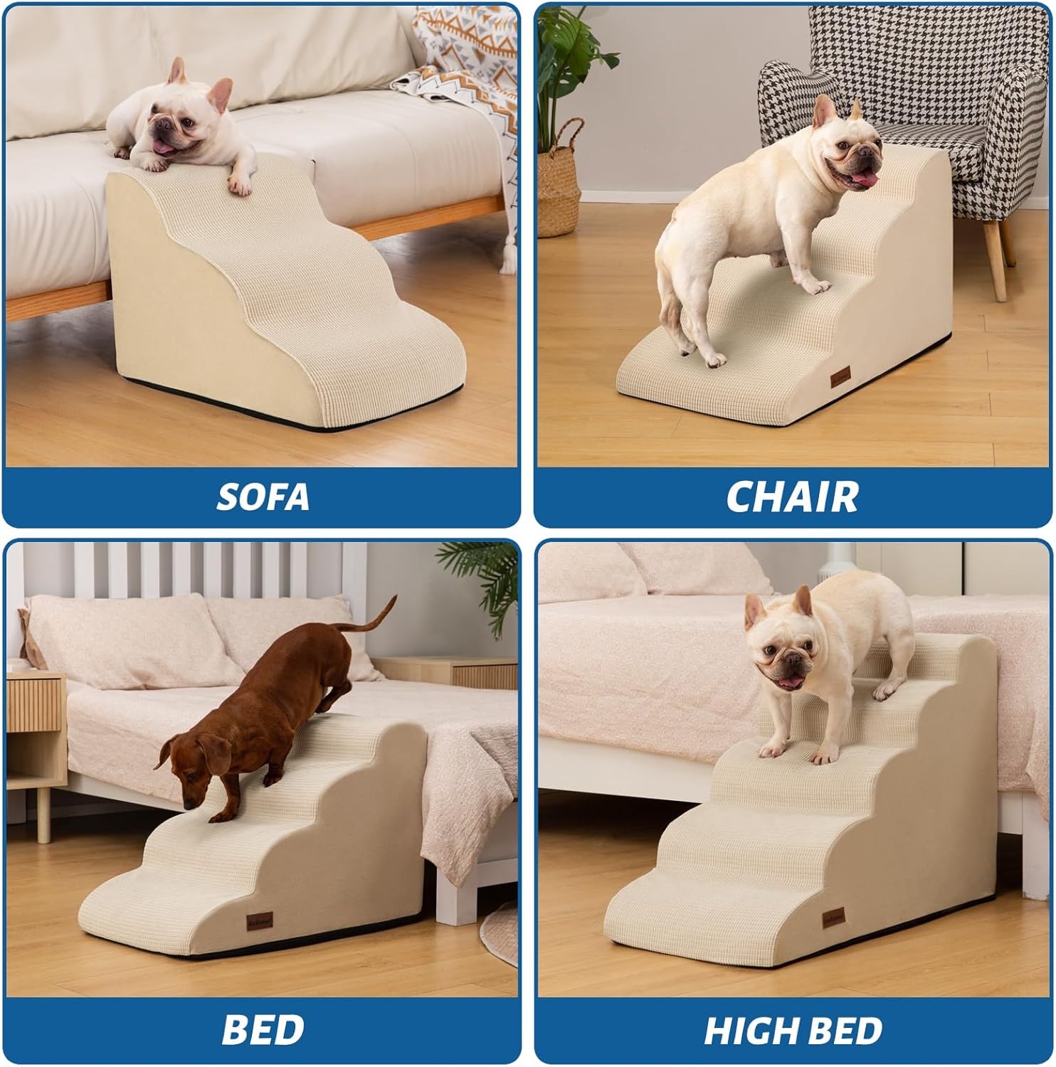 4-Step Dog Stairs and Ramp for Beds or Couches,Non-Slip Sturdy Pet Steps for Small Dogs and Cats,17.4" H,Beige - Pet Explorer