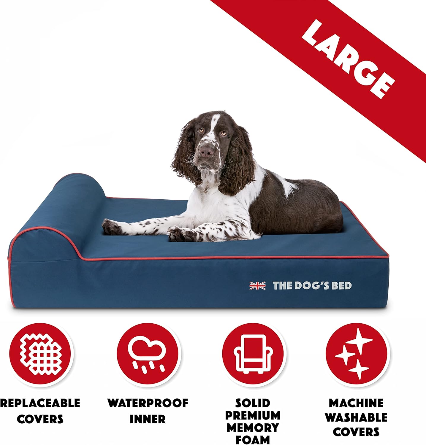 The Dog’s Bed Orthopedic Headrest Dog Bed Large Blue Oxford with Red Trim UK Flag Dog Bed 40x25, Memory Foam, Hip & Elbow Dysplasia, Post Surgery Veterinary Approved, Waterproof Washable Cover - Pet Explorer