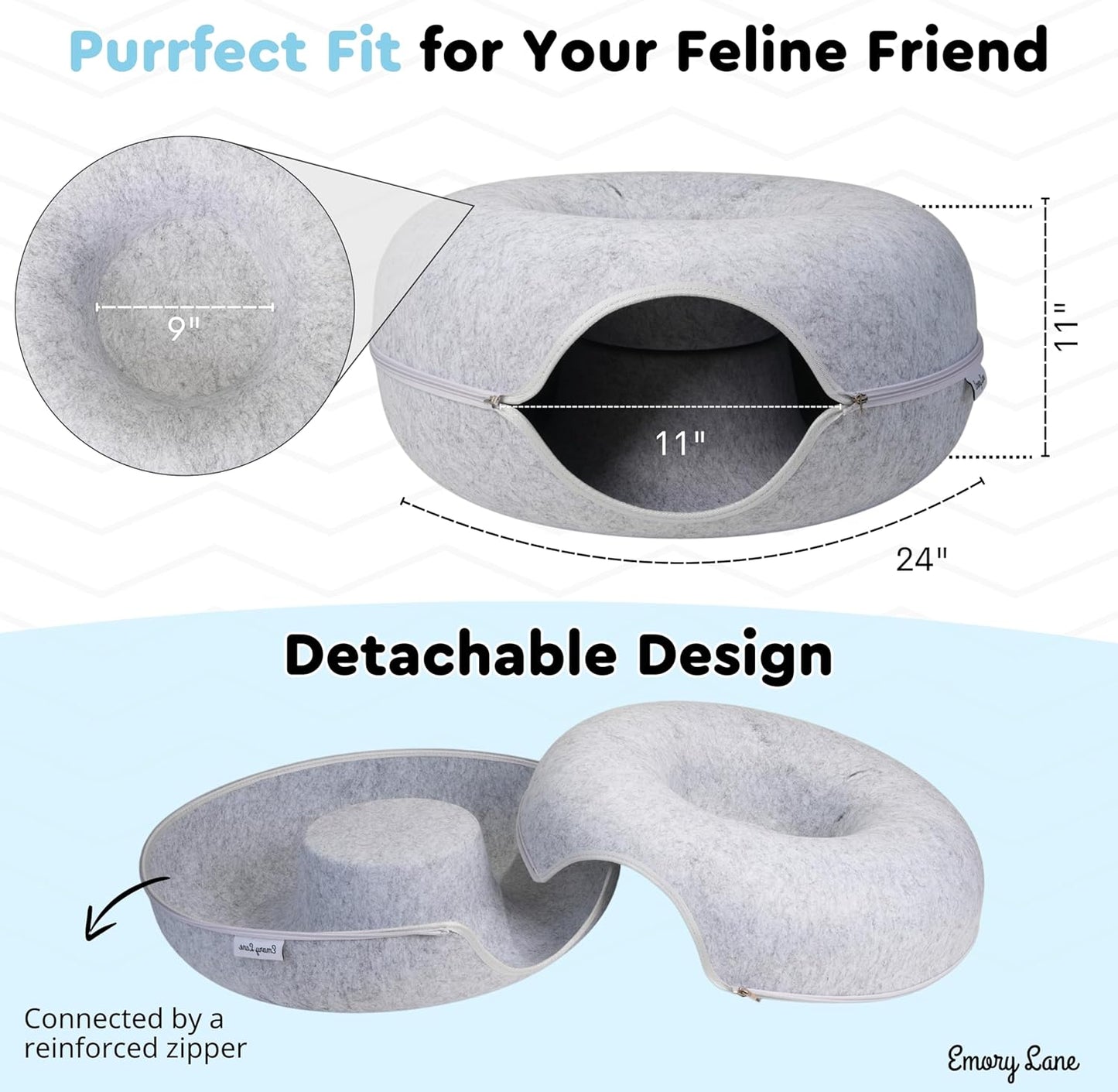 Emory Lane - Premium Cat Cave for Small Pets, Multifunctional Donut Tunnel Bed for Indoor Pets, Round Felt Pet Cave with Premium Zipper, for Pets up to 40 Lbs (24x24x11 Inch) (Light Gray) - Pet Explorer