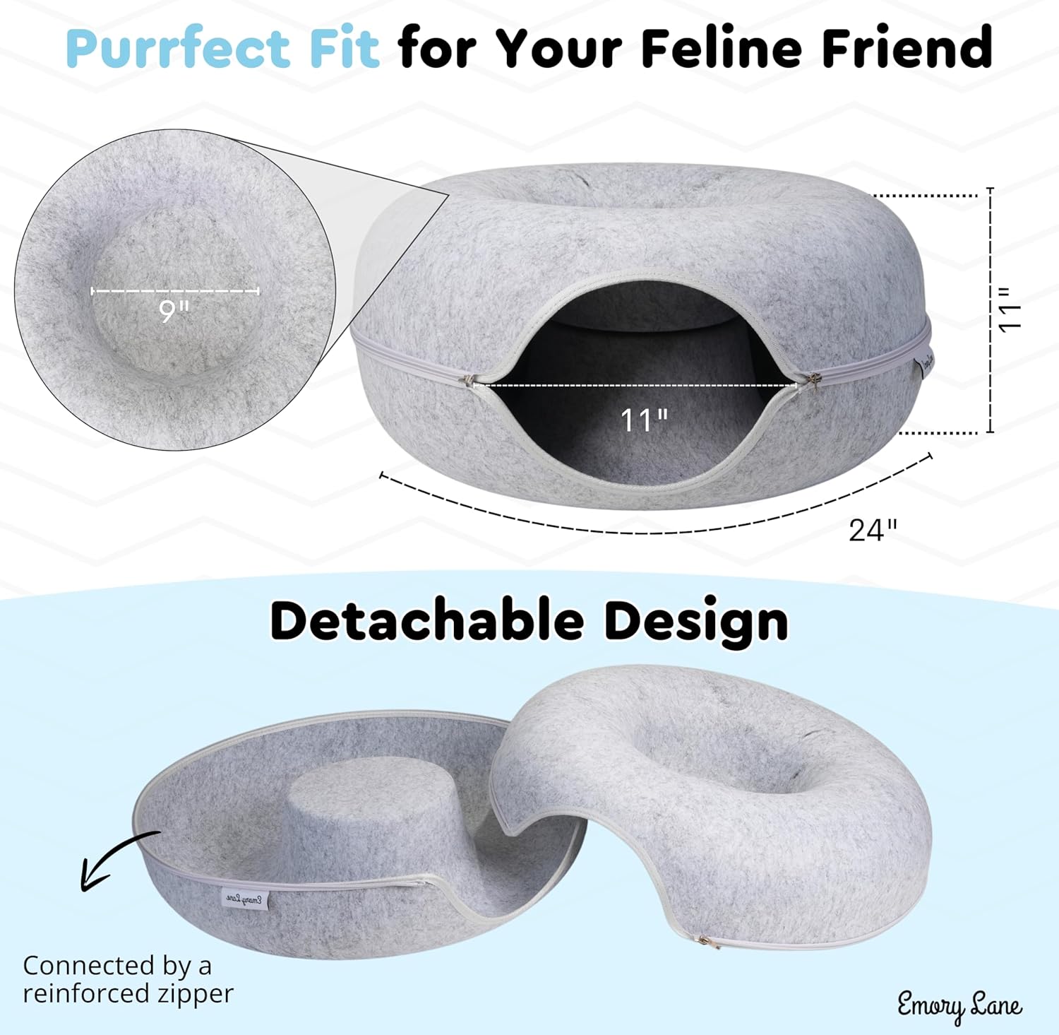 Emory Lane - Premium Cat Cave for Small Pets, Multifunctional Donut Tunnel Bed for Indoor Pets, Round Felt Pet Cave with Premium Zipper, for Pets up to 40 Lbs (24x24x11 Inch) (Light Gray) - Pet Explorer