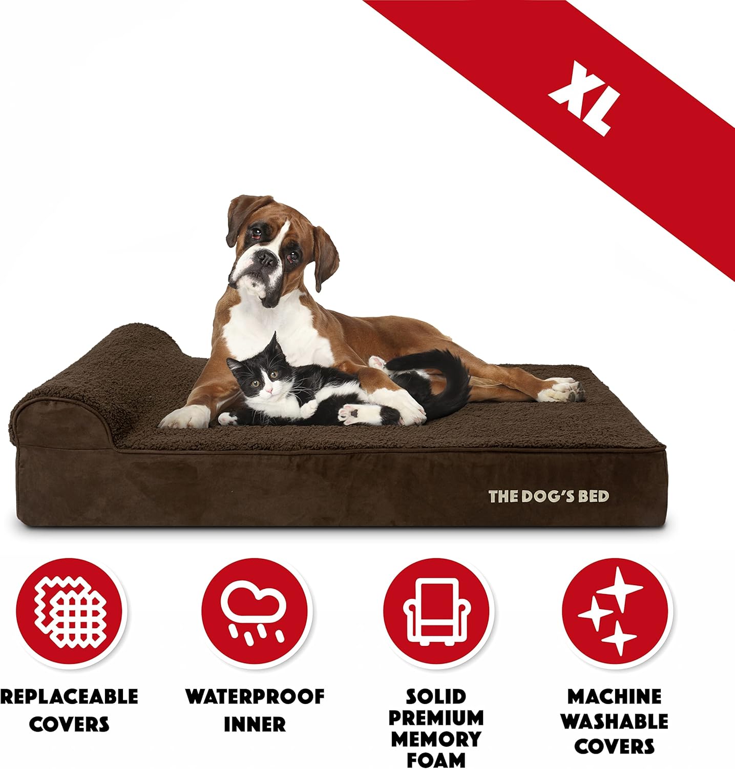 The Dog’s Bed Orthopedic Headrest Dog Bed XL Brown Plush 46x28, Memory Foam, Pain Relief for Arthritis, Hip & Elbow Dysplasia, Post Surgery, Lameness, Veterinary Approved, Waterproof Washable Cover - Pet Explorer