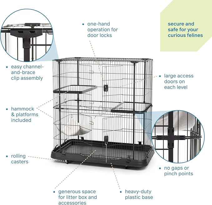 Prevue Pet Products Deluxe Cat Home - Cat Cage Home with 3 Levels, Spacious Indoor Pen, Includes Hammock, Durable & Easy to Clean Kennel, with Rolling Wheel Casters - Black