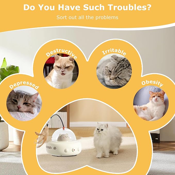 hooroor 2-in-1 UFO Laser Cat Toy with Feather, Automatic Motion Smart Sensor Interactive Toy for Indoor Cats&Small Dogs, Rechargeable Obstacle-Avoidance Exercise Toy, Self-Play Pet Gift White Updated