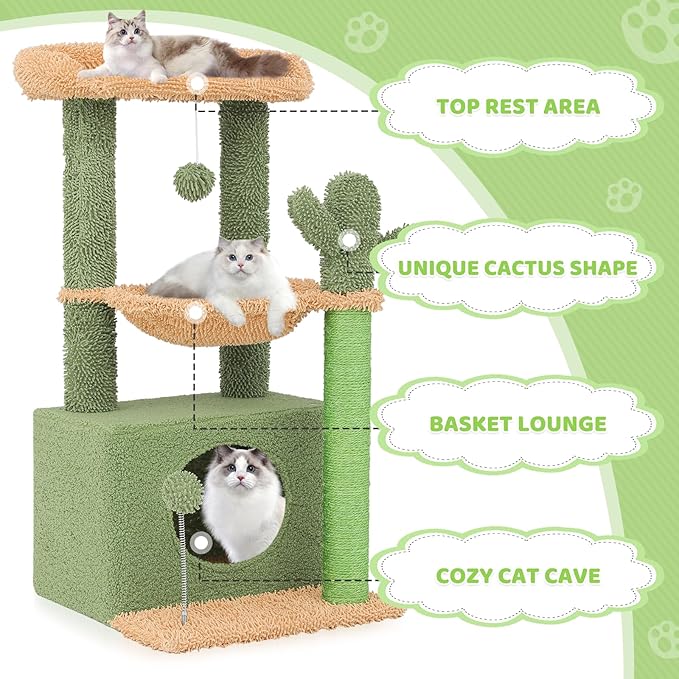Magshion 33" Cactus Cat Tree for Indoor Cats, Multi-Level Cat Tower with Scratching Posts, Top Perch, Platforms and Hanging Balls, Fun Climbing Playhouse for Kittens and Adults