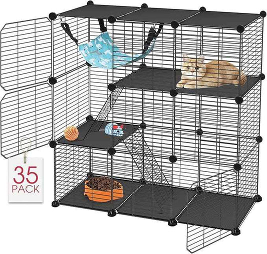 Cat Cage, 3-Tier DIY Catio Cat Enclosures, 36" x 16" x 36" Cat Playpen Indoor & Outdoor with Hammock, Detachable Metal Wire Kennel Cats Crate, 3x1x3 Exercise Place for 1-2 Kitten/Squirrel