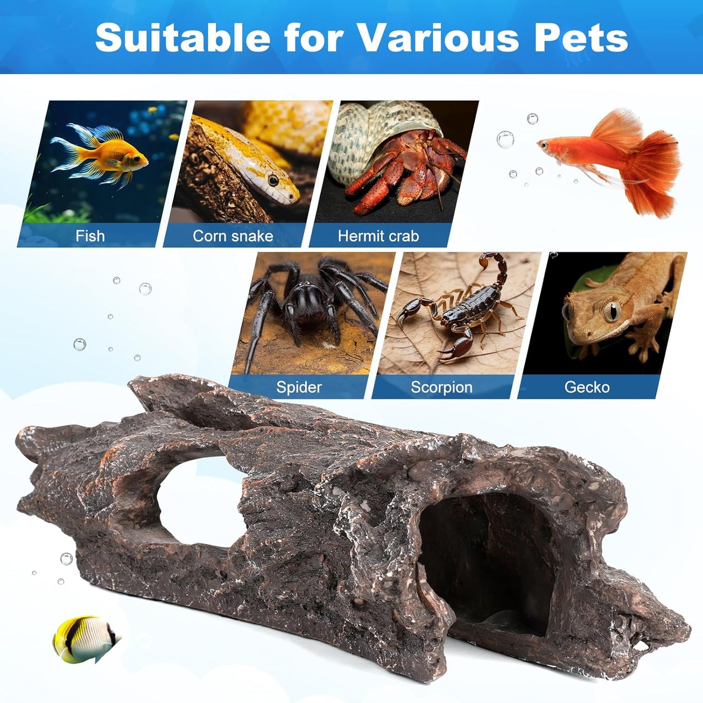 TRUVIC Fish Tank Decorations - Aquarium Cave Decor, Resin Hollow Tree Trunk Reptile Hide & Betta Log Hideout for 20 Gallon Tank, Fish Accessories Shelter Cave - Pet Explorer