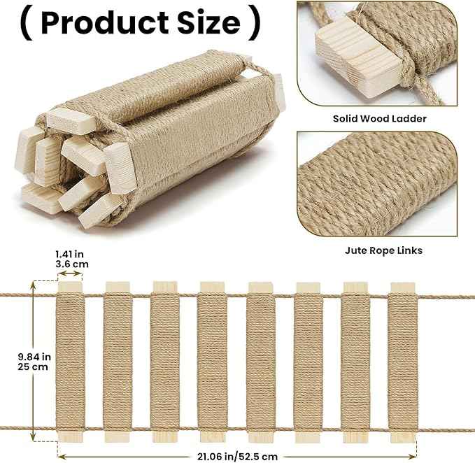 20in Cat Ladder & Bridge, Outdoor Cat Tree with Jute Rope, Multi-Level Climbing Frame & Scratcher for Indoor/Outdoor Cats (Wood Tone, 20in)