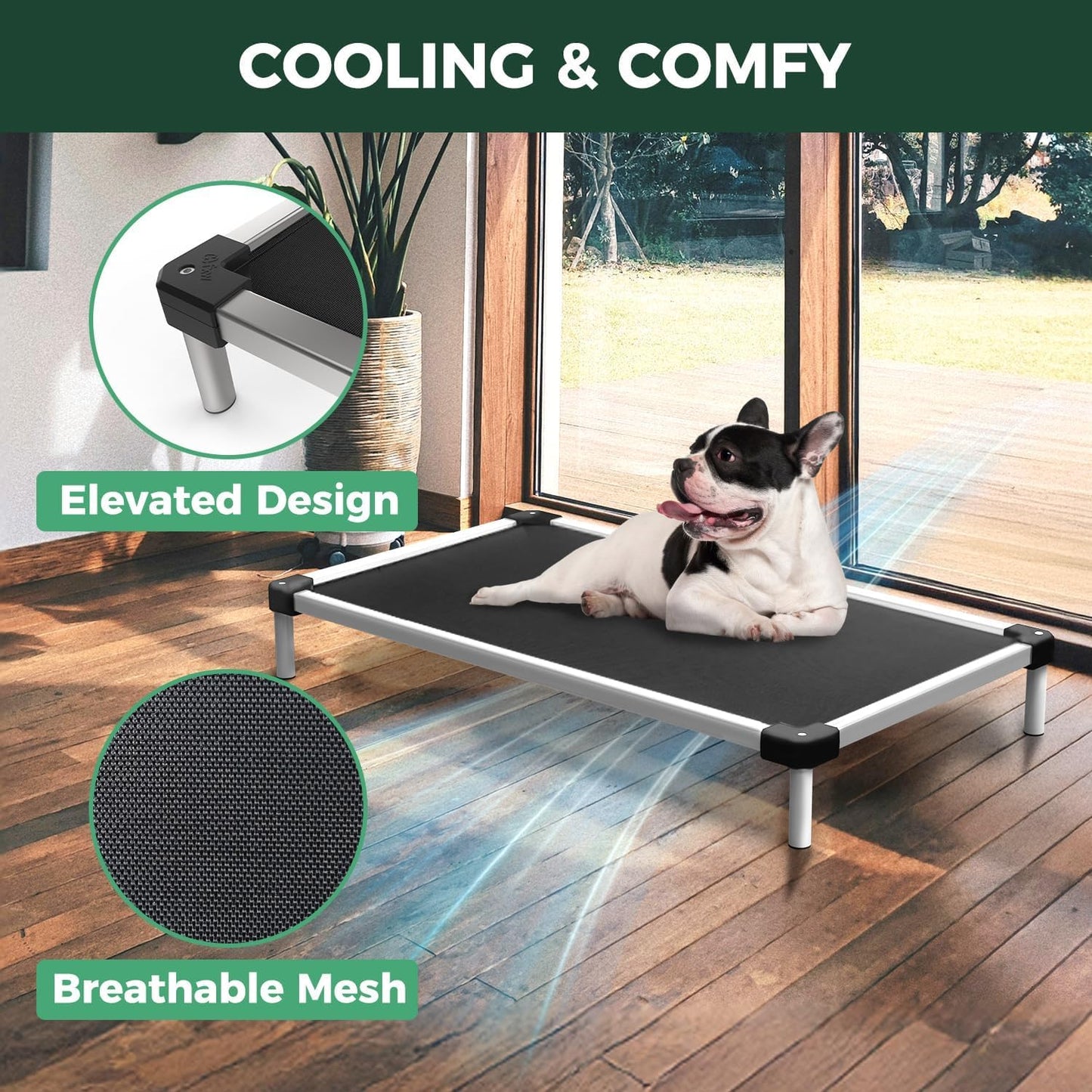 FXW TitanNest Chew-Proof Elevated Dog Bed, Raised Cot for Indoor/Outdoor/Camping Use, Durable & Waterproof Cooling Pet Bed for Large Dogs, 47.0" L x 29.0" W x 7.3" H, Black