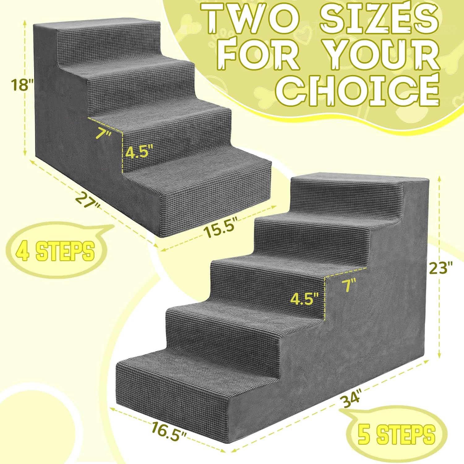 Niubya Dog Stairs for Small Dog and Cats,23”H Non-Slip Bottom Pet Steps for High Beds and Couch,High-Density Foam Pet Stairs Grey,5 Steps - Pet Explorer