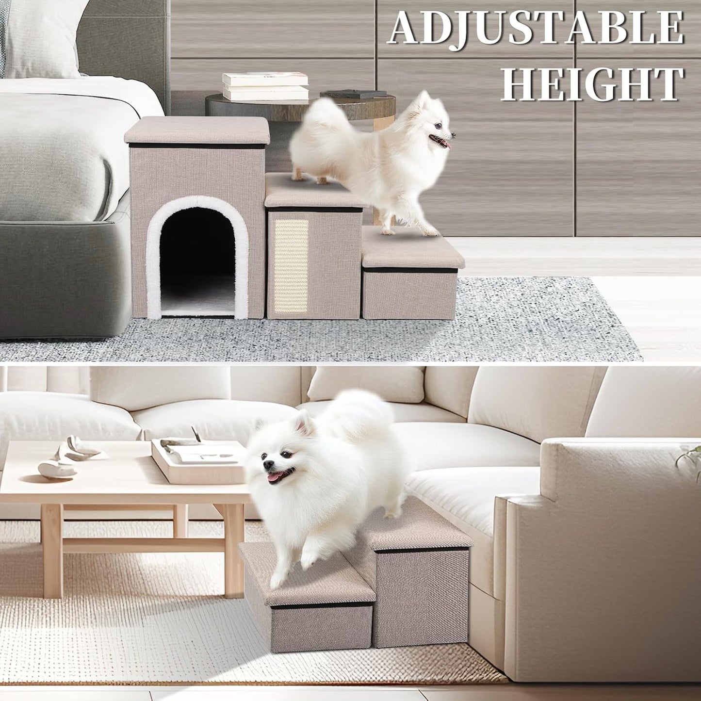 Dog Steps for Bed and Couch, 17”H Foldable Dog Stairs for Small Older Dogs Cats, Adjustable Pet Cat Stairs Ramps with Storage with Condo, Scratcher, Hold Up to 180LBS, Pet Cat Steps Beige - Pet Explorer