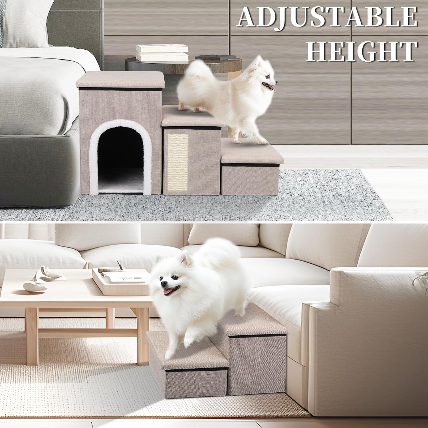 Dog Steps for Bed and Couch, 17”H Foldable Dog Stairs for Small Older Dogs Cats, Adjustable Pet Cat Stairs Ramps with Storage with Condo, Scratcher, Hold Up to 180LBS, Pet Cat Steps Beige - Pet Explorer