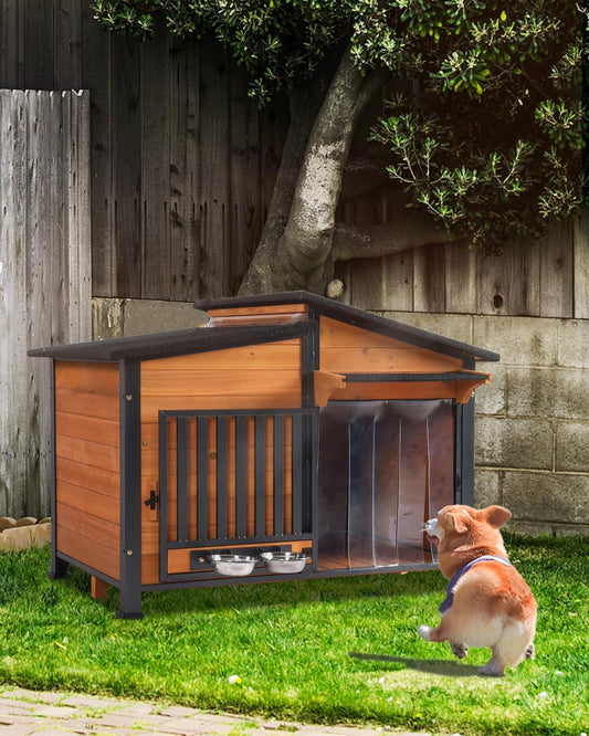 Dog House Outdoor with Bowls Weatherproof Dog Kennel with Anti-Chewing Iron Frame Dog Shelter for Small Medium Dogs - Pet Explorer