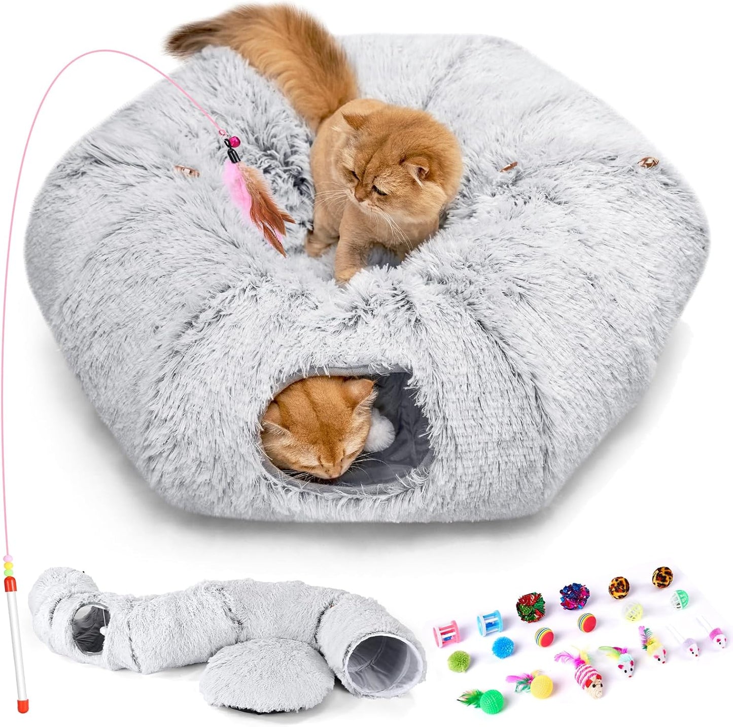 Odoland Cat Tunnel Bed with 20 Cat Toys - Indoor Plush Kitten Couch, Detachable Cats Cave Donut Tunnel & Soft Kitten Toy Set - Cozy Cat Furniture, White - Pet Explorer
