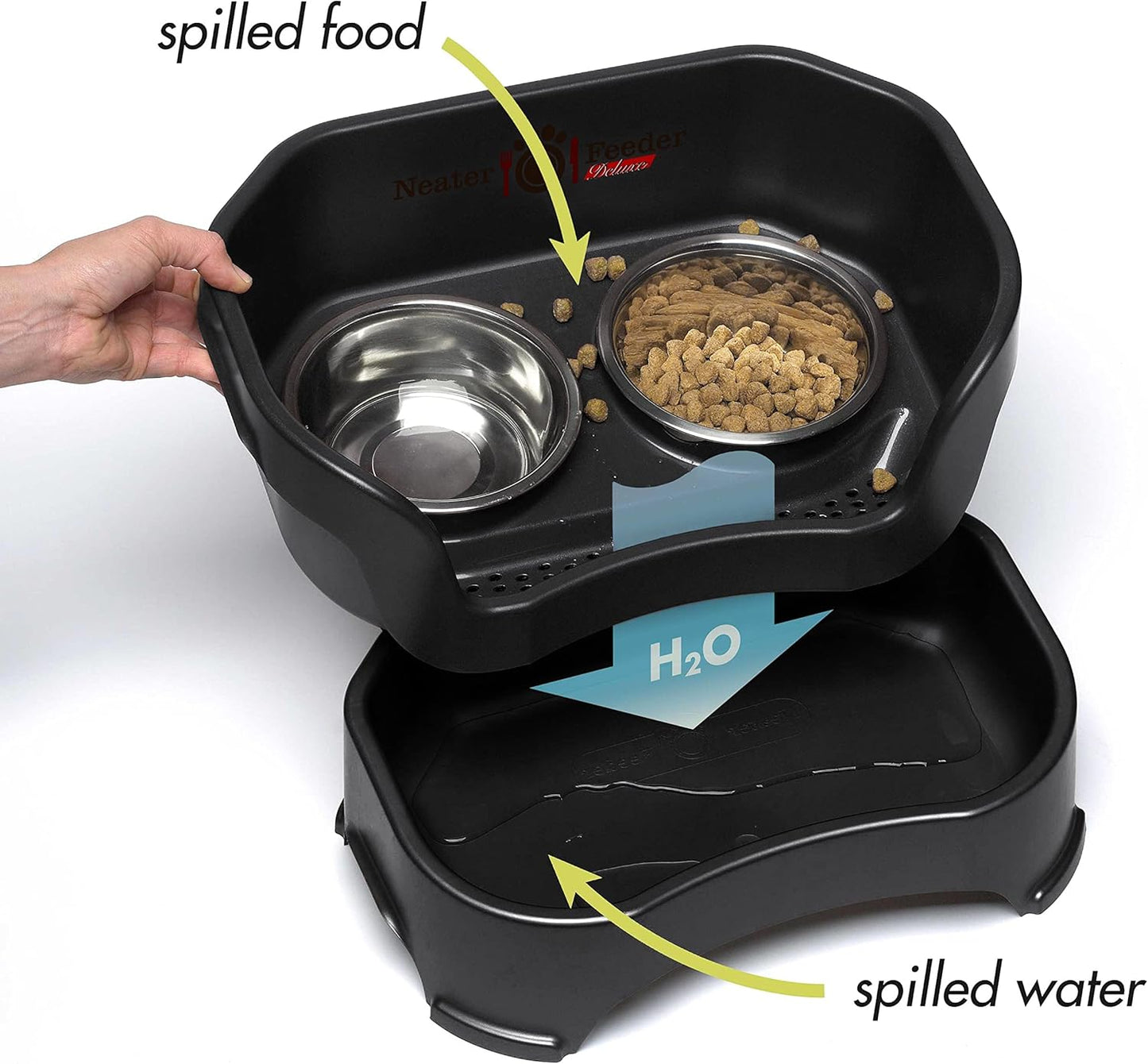 Neater Feeder Deluxe Mess Proof Cat Bowls Elevated for All Breeds – Made in USA – No Spill Raised Cat Bowls for Indoor Cats w/Leg Extensions – Stainless Steel Cat Food and Water Bowl Set - Black - Pet Explorer