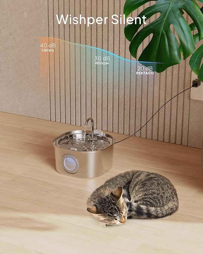 PEKTACO Cat Water Fountain Stainless Steel, 3.2L/108oz Cat Water Dispenser with Quiet Water Pump and Water-Level Window, Dishwasher Safe Pet Drinking Fountain for Cats Indoor with Replacement Filter