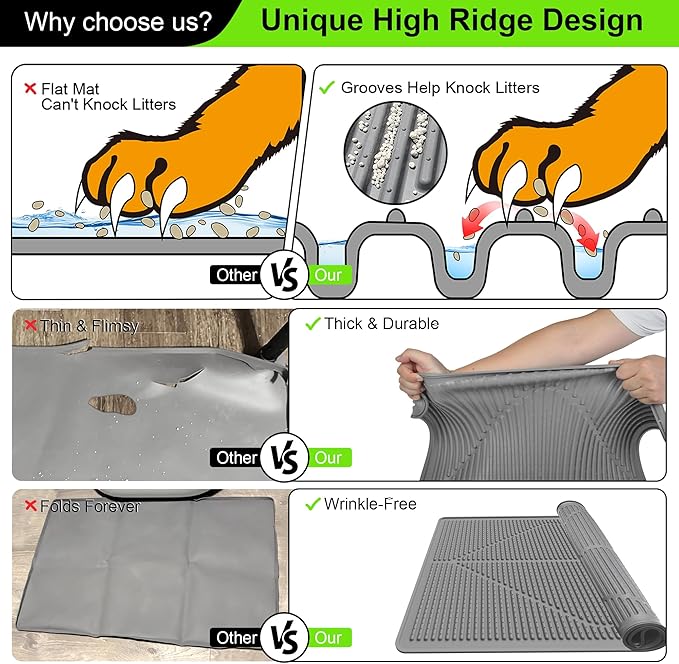 Mofason Rubber Cat Litter Mat - Kitty Litter Box mat - Silicone Litter Trapping Catcher Mat - Cat Supplies & Accessories for Indoor Cats (24" x 15") - Black