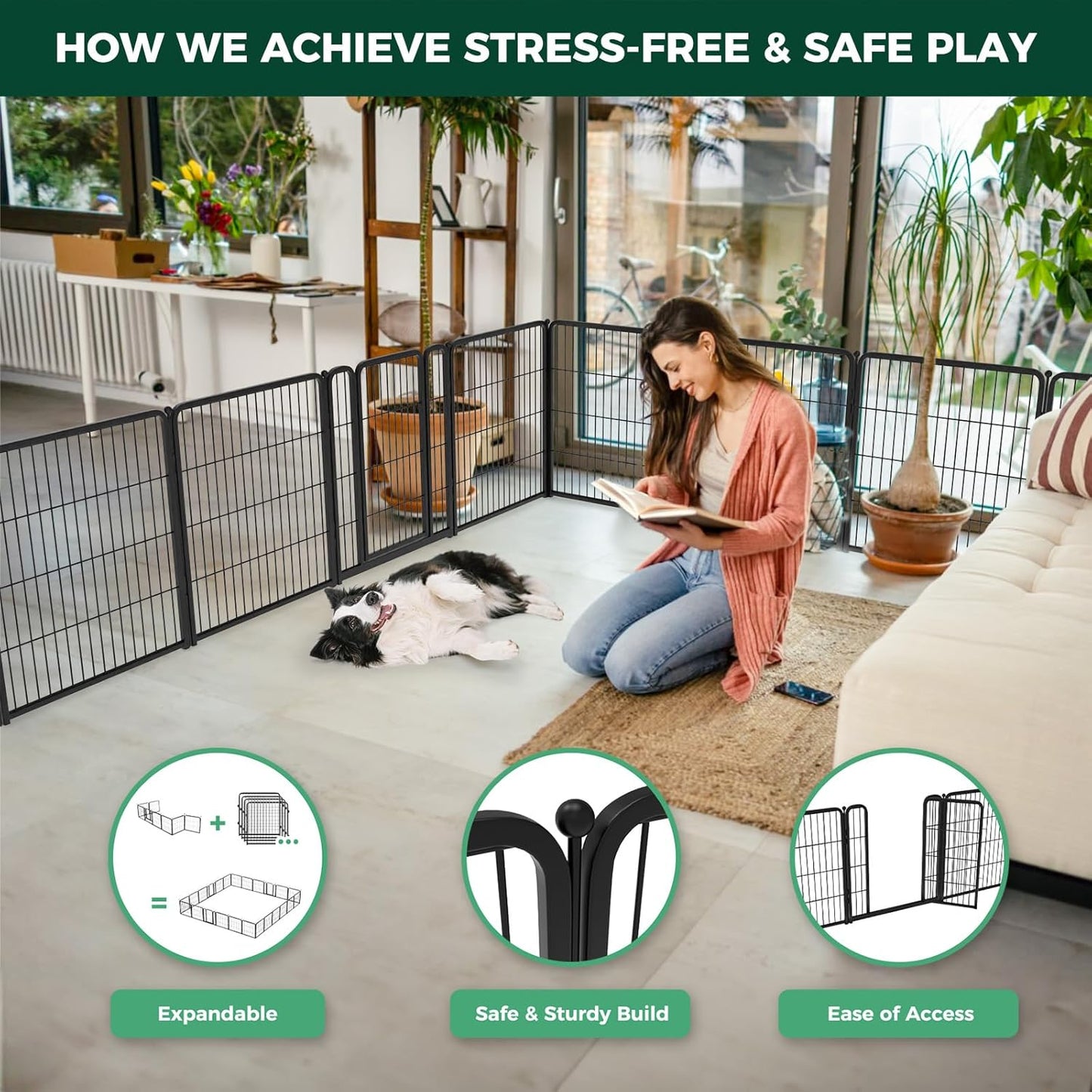 FXW Homeplus Unleashed Indoor Dog Playpen - Stress-Free and Safe Play, Heavy Duty 32 Inch 16 Wire Panels Dog Pen for Small and Medium Dogs, Black│Patented