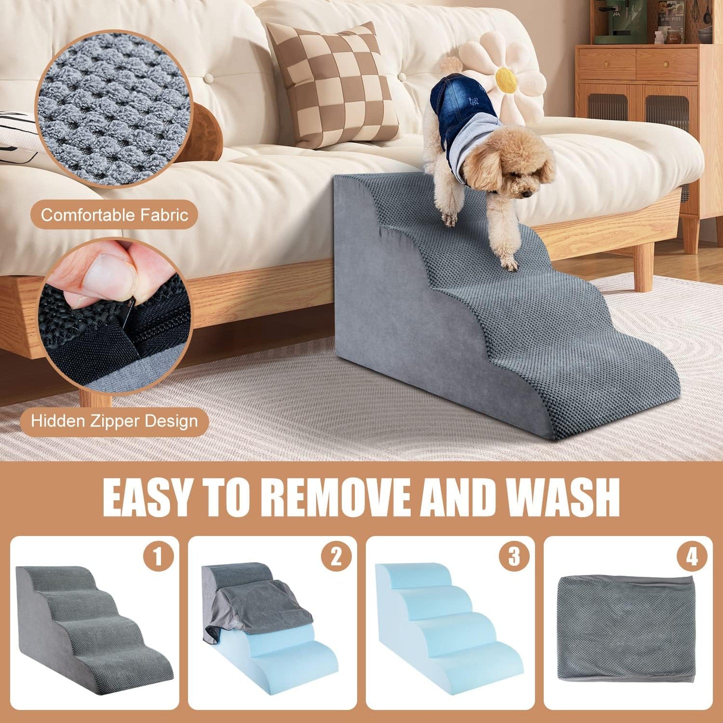 Chic Threads Dog Stairs for High Beds, 4-Step Dog Steps for Couch, Pet Stairs for Small Dogs and Cats, Non-Slip, Stable Indoor Dog Steps for high Bed - Pet Explorer