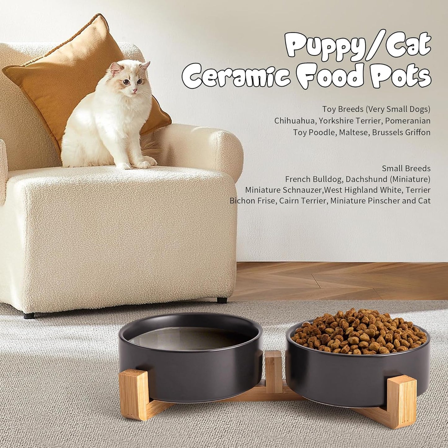 Black Ceramic Dog & Cat Bowl Set – 13.5 OZ with Wooden Stand, Non-Slip, Elevated Design for Small Dogs & Cats – 2 Bowls (Food & Water, Ceramic Pet Bowls, Modern Dog Bowls) - Pet Explorer