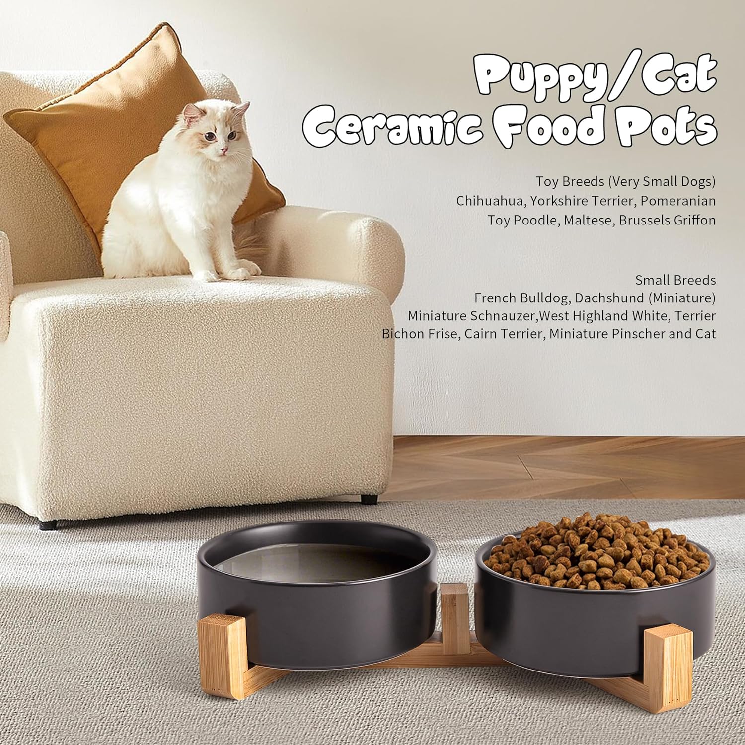 Black Ceramic Dog & Cat Bowl Set – 13.5 OZ with Wooden Stand, Non-Slip, Elevated Design for Small Dogs & Cats – 2 Bowls (Food & Water, Ceramic Pet Bowls, Modern Dog Bowls) - Pet Explorer