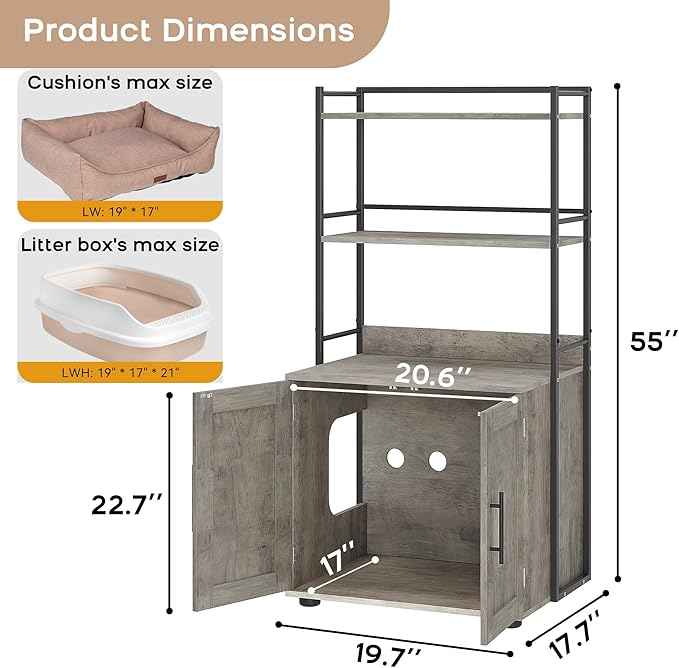 Cat Litter Box Enclosure, Hidden Litter Box Furniture with 3 Storage Shelves and Doors, Rustic Indoor Cat Cabinet, Multi-Functional Storage for Food, Cats Toilet Furniture