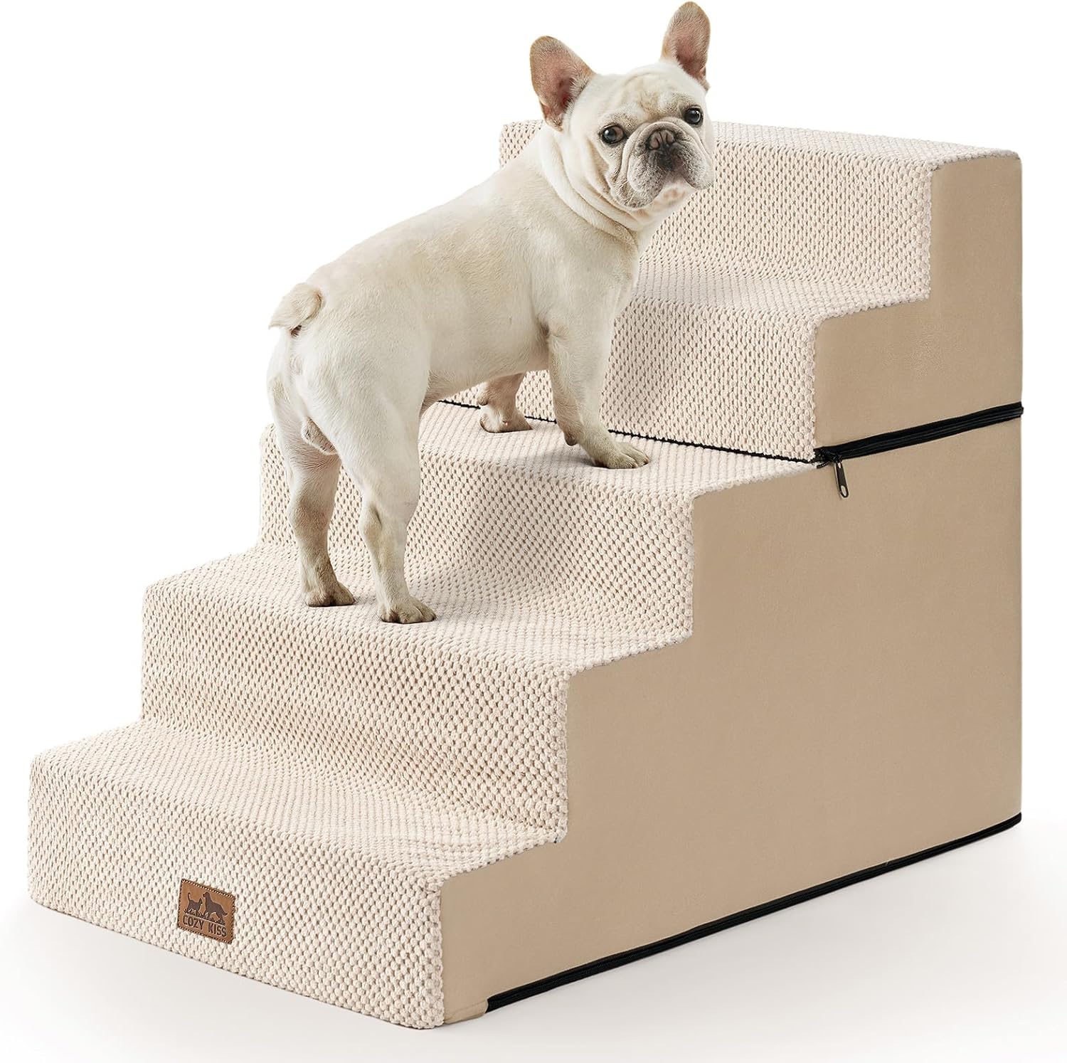 Dog Stairs for Small Dogs, 5 Tier Removable Wider Pet Stairs for Couch and Bed, 23.6" H Non-Slip Dog Steps for Puppies and Old Cats with Support Board, 29.5x19.7x23.6 inch, Beige - Pet Explorer