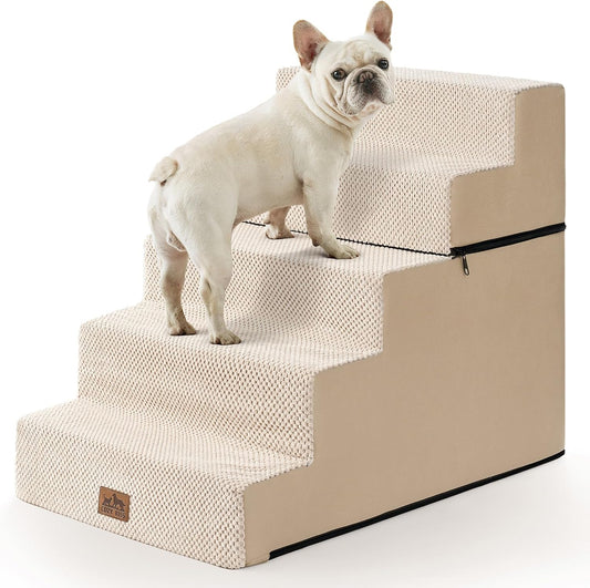 Dog Stairs for Small Dogs, 5 Tier Removable Wider Pet Stairs for Couch and Bed, 23.6" H Non-Slip Dog Steps for Puppies and Old Cats with Support Board, 29.5x19.7x23.6 inch, Beige - Pet Explorer