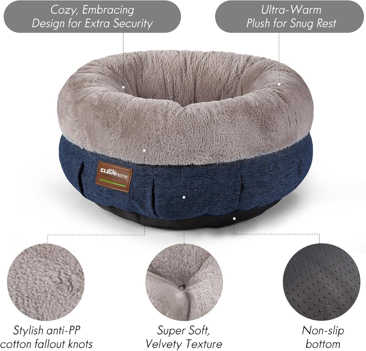 ClevaHome Cozy Cat Bed - Ultra-Soft Plush Pet Bed with Raised Sides and Anti-Slip Base, Comfortable Round Bed for Small Pets up to 11 lbs - Pet Explorer