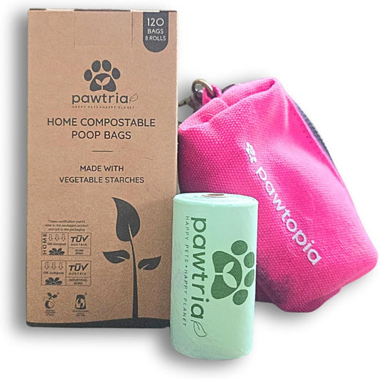 Pawtria Bundle Product of 120 Pet Waste Bags and 1 Canvas Dispenser (Pink), Vegetable Starches, Eco-friendly Dog Waste Bags, Leak proof, Easy to Open, Give Back, Fabric poop bag holder… - Pet Explorer