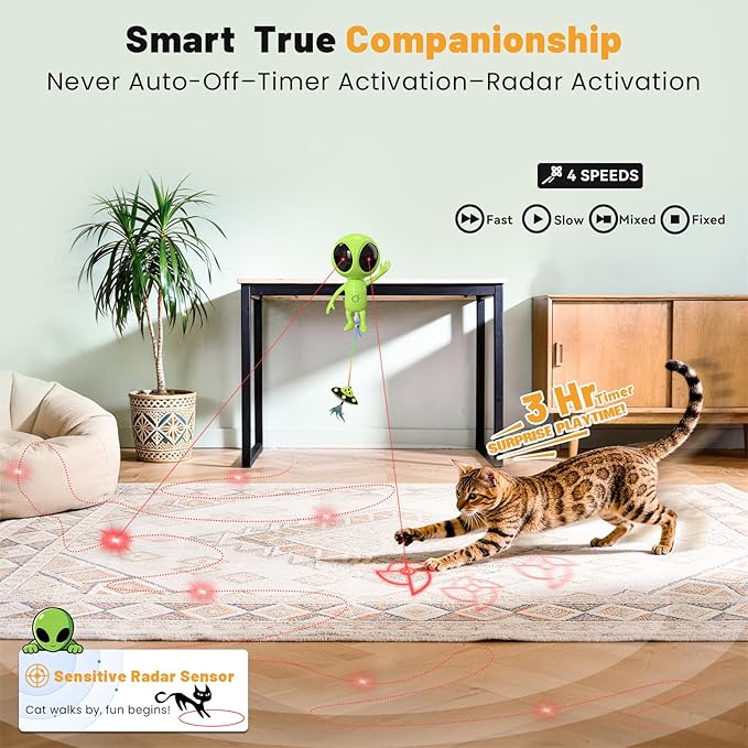 Cat Laser Toy, 2-in-1 Interactive Toys with Dual Laser & Catnip UFO Dangler, Smart Motion-Activated Random Trajectory, 4 Speed Modes, Rechargeable, Quiet & Clamp Design for Bored Indoor Cats