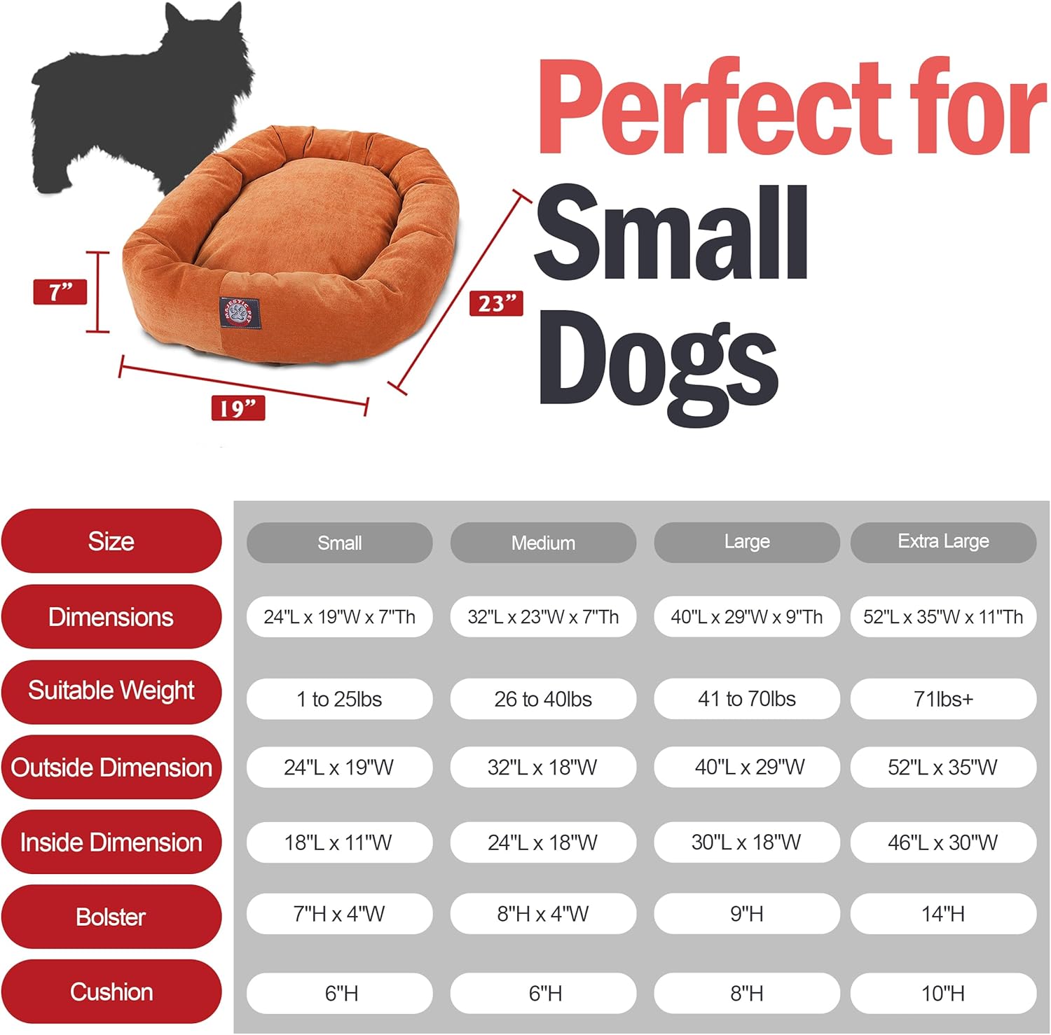 Majestic Pet Villa 24 Inch Shredded Memory Foam Dog Bed for Small Sized Dogs 24x19x7 Inch–Orthopedic Dog Bed - Durable Pet Bed - Washable Small Pet Bed with Head Support-Orange - Pet Explorer