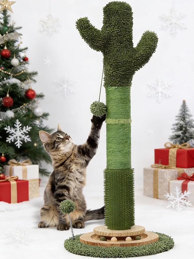 OTOB 36" Tall Cat Scratching Post, Natural Sisal Rope Cactus Cat Scratch Post, Vertical 6-in-1 Interactive Turntable Cat Scratcher Post with Soft Ball Toys, Protect Your Furniture for All Indoor Cats