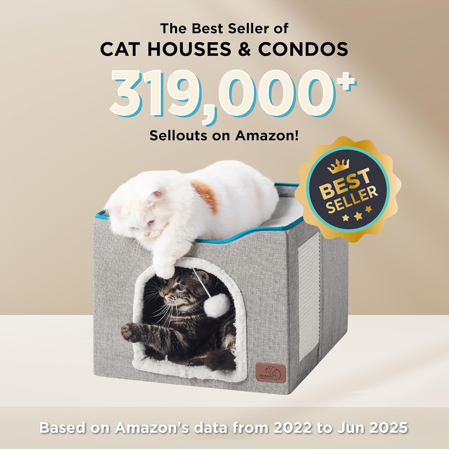 Bedsure Cat Beds for Indoor Cats - Large Cat Cave for Pet Cat House with Fluffy Ball Hanging and Scratch Pad, Foldable Cat Hideaway, 16.5x16.5x13 inches, Grey - Pet Explorer