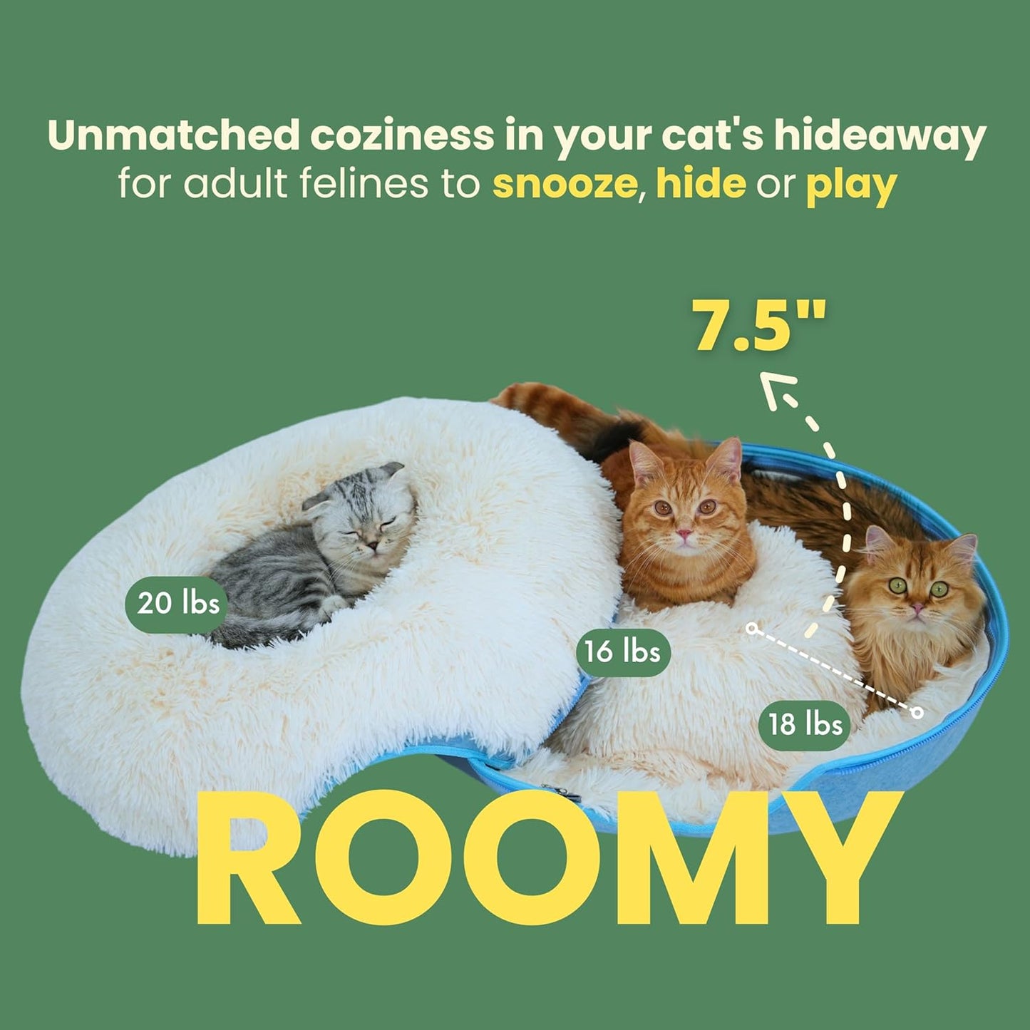 CATTASAURUS Peekaboo Cat Cave for Multiple & Large Cats Up to 30-45 Lbs, Fluffy Cat Beds for Indoor Cats, Scratch Detachable & Washable Tunnel Bed, Comfy Donut Cat Cave (Blue, Large (Calming)) - Pet Explorer