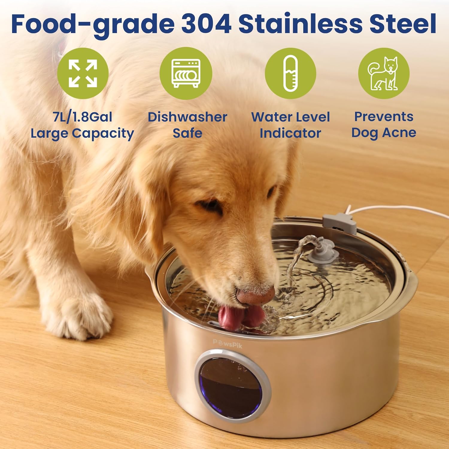 Ultra-Quiet Stainless Steel Dog Water Fountain, 1.8-gal - Pet Explorer