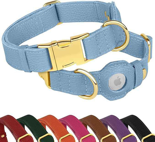 Leather Airtag Dog Collar - Soft Tracking Dog Collar with Apple AirTag Holder and Metal Buckle - Safety GPS Pet Collars for Small Medium Large Dogs Puppy Pink Red (Cornflower, S, 12"-15" Neck Fit)