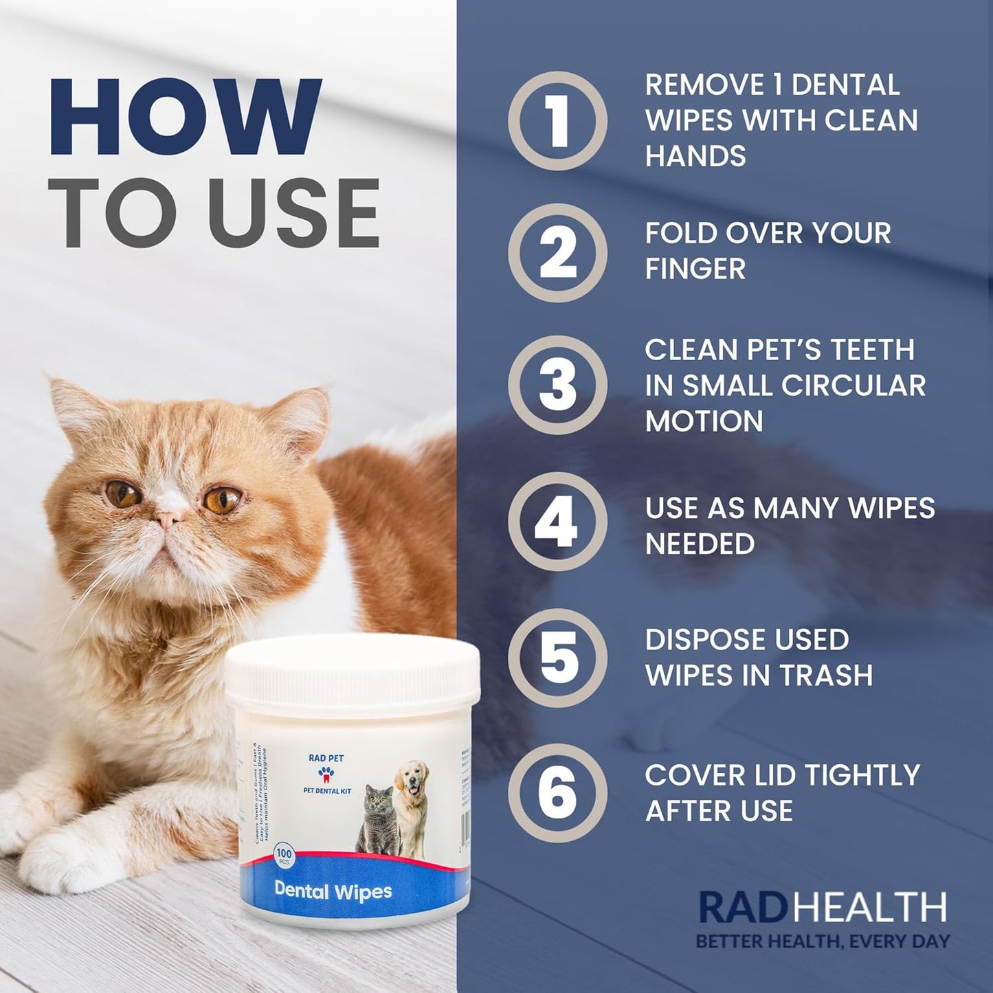 Rad Health Dog Dental Wipes - 100ct Pet Dental Finger Wipes, Easy No-Brush Teeth Cleaning, Removes Plaque & Tartar, Boosts Oral Hygiene, Freshens Breath, Gentle on Mouth, Strong on Build-Up - Pet Explorer