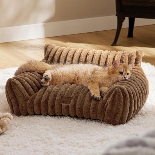 Bedsure Cute Cat Couch for Pets - Fluffy Cat Sofa with Premium Soft Corduroy Fleece, Fuzzy Pet Couch Bed with Removable Washable Cover, Supportive Pet Chair for Indoor Cats, 24inch, Copper Brown - Pet Explorer