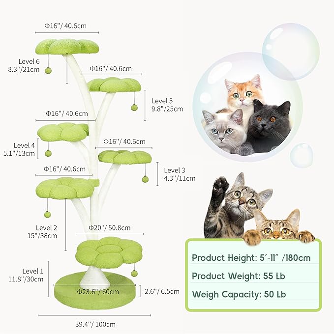 FKWin 71 Inch Tall Cat Tree, Flower Shape Scratching Post, Cat Scratcher, Cat Furniture for Indoor Cats, Kittens Pet House, Cat Bed with Hang Ball, Plush Cat Tower for Large and Small Cats(Green)