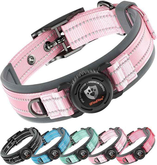 Upgraded AirTag Dog Collar with Holder, Waterproof Reflective Air Tag Dog Collar with Widened Comfortable Padding & Ultra-Durable Metal Buckle, Adjustable for Extra Large Dogs (XL, Pink)