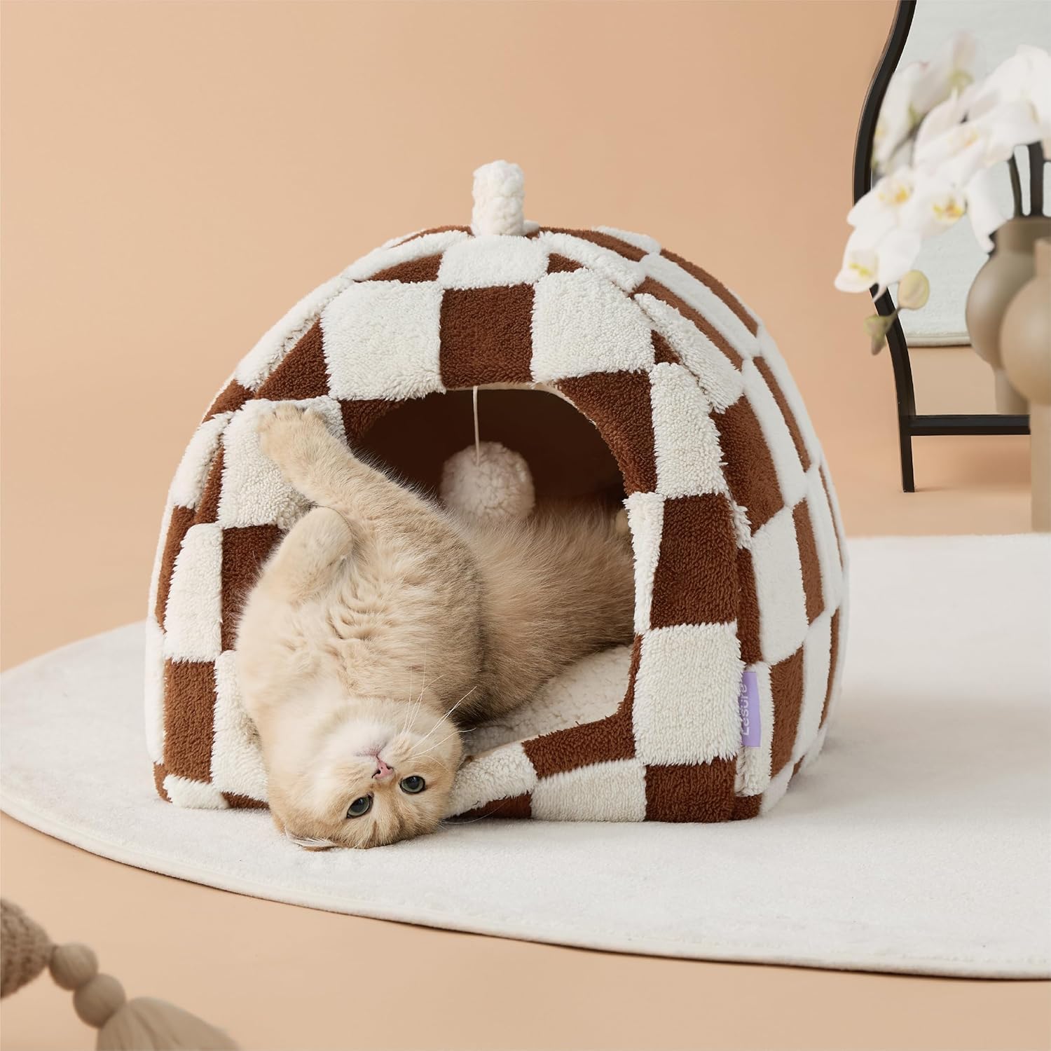 Lesure Cute Cat Beds for Indoor Cats - 2 in 1 Cat Cave Bed for Large Cats, House with Removable Washable Cushioned Pillow, Cozy Tent House with Non-Slip Bottom, Brown, 17.3 inches - Pet Explorer