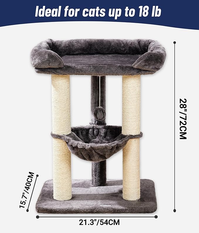 Happi N Pets 28" Cat Tree Tower, Tall Cat Scratching Post with Soft Perch for Window Viewing, Large Bed for Big Cats, Stable & Compact Cat Tower with Hammock, Removable Cover-Gray