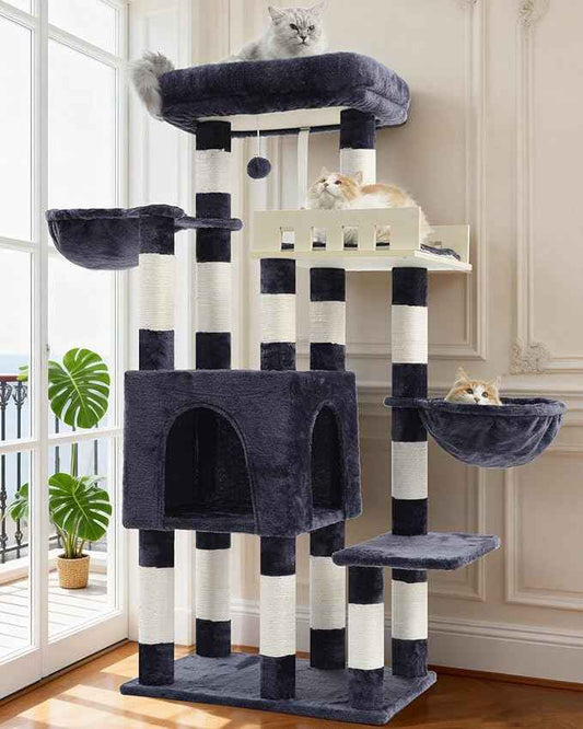 Cat Tree for Indoor Cats Large Adult, Heavy Duty Cat Tree for Large Cats 20 lbs+, Cat Condo with Big Wooden Perch, Cat Tower with 14 Scratching Posts, Hammock, Smoky Gray GCT023G