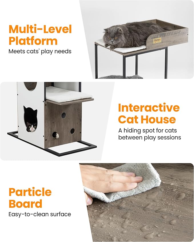 Modern Wood Cat Tree Tower, 84 Inch Extra Tall Cat Condo Trees for Indoor Cats Large Adult, XL Multi-Level Heavy Duty Wooden Sturdy Cat House Furniture with Platform Perch Bed Scratching Post Board