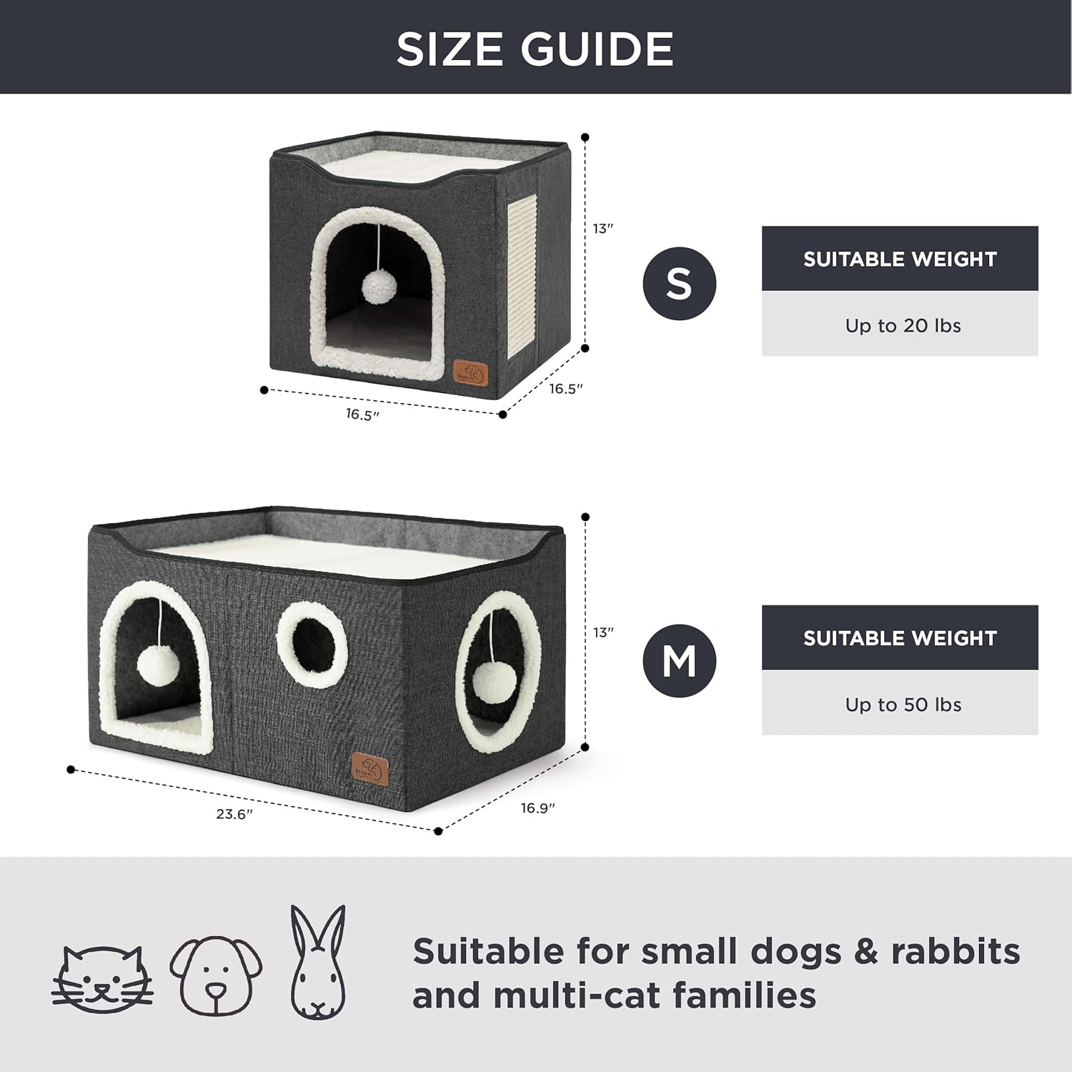 Bedsure Large Cat Beds for Indoor Cats - Extra Wide Cat Cube House for Small Pet with Fluffy Ball Hanging and Scratch Pad, Foldable Pet Cave Hideaway for Multiple Cats, 23.6x16.9x13 inches, Dark Grey - Pet Explorer