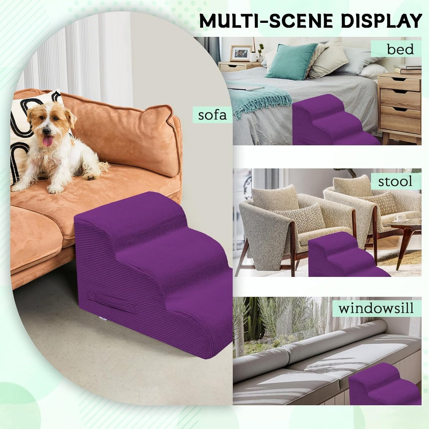 Dog Steps for Small Dogs, 4-Step Dog Ramp and Stairs for High Beds and Sofa, Non-Slip Pet Stairs Removable and Easy to Clean Cover, Purple - Pet Explorer