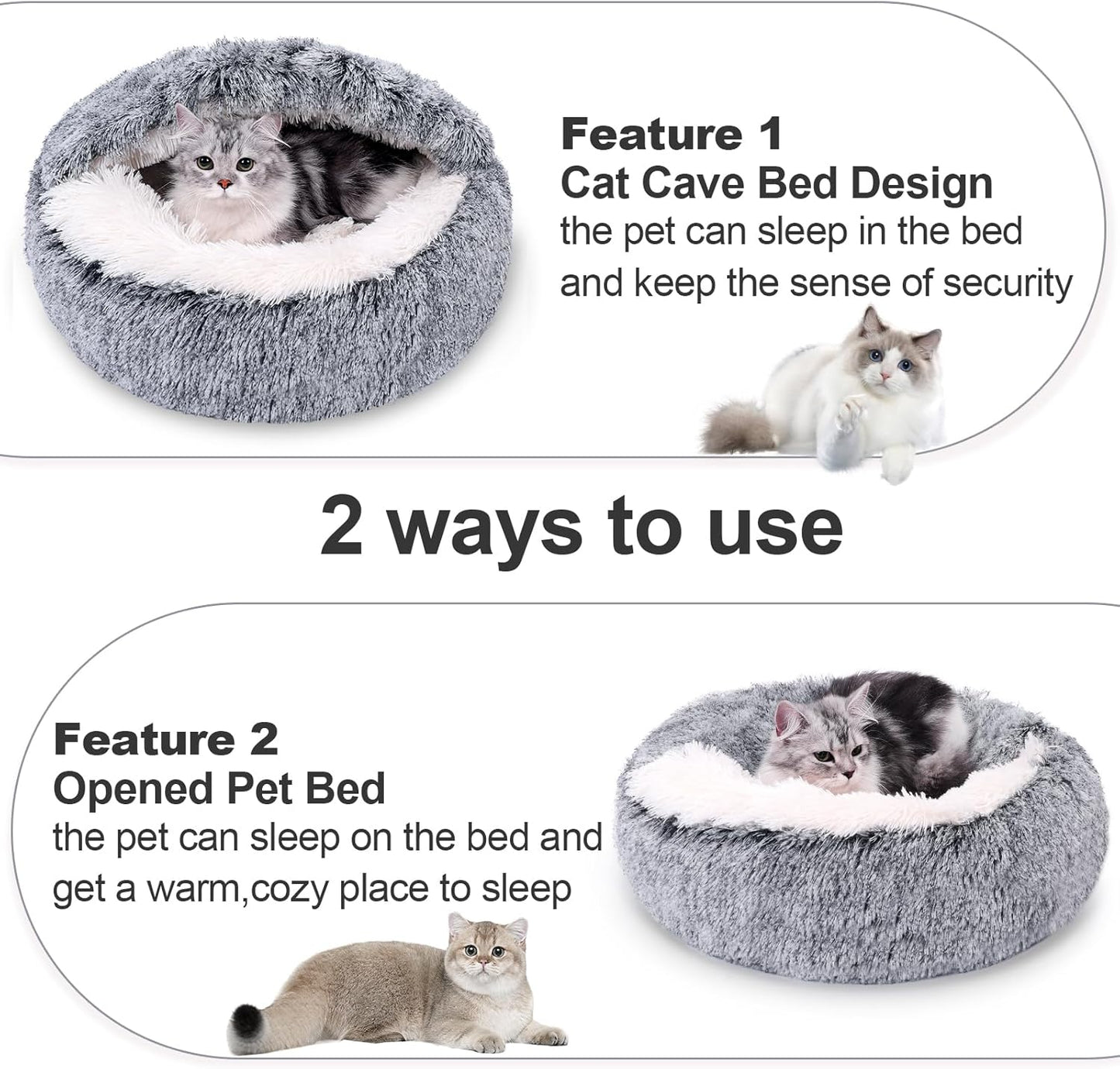 MADDEMCUTE Calming Dog & Cat Cave Bed With Hooded Cover, Removable Washable Round for Small Medium Pets, Anti-Slip Faux Fur Fluffy Coved for Improved Sleep, Fits up to 15/25 lbs (Grey, S) - Pet Explorer
