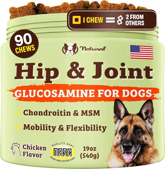Natural Dog Company Hip & Joint Chews, Chicken Liver & Turmeric Flavor, with Glucosamine Chondroitin for Dogs, Maintains Bone and Joint Health, Supplements for Seniors and Puppies, 90 Count - Pet Explorer