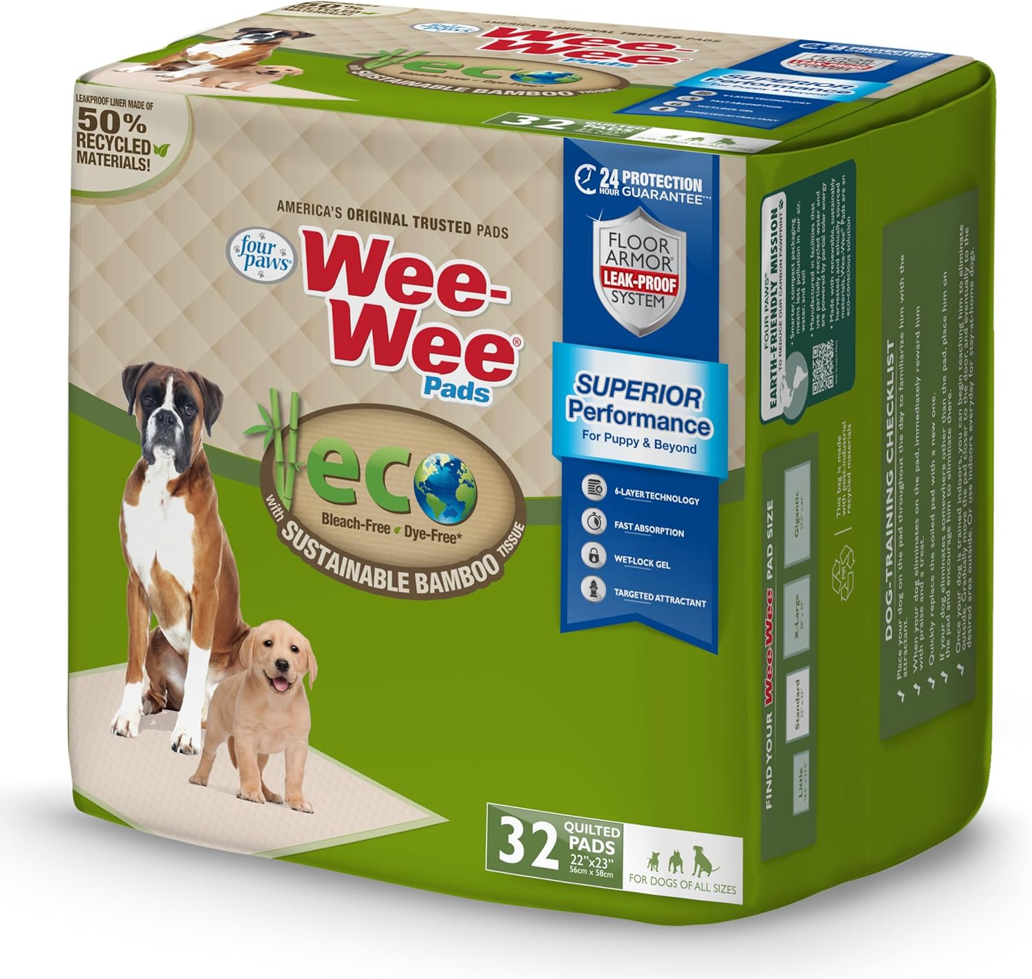 Four Paws Wee-Wee Superior Performance Bamboo Pee Pads for Dogs, Earth Friendly Dog & Puppy Potty Training Pads, Crate Liners, Housebreaking Supplies, 22" x 23" (32 Count) - Pet Explorer